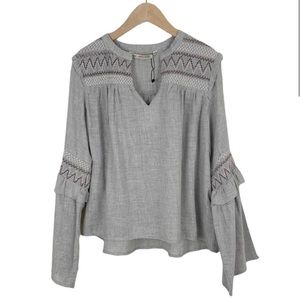 Zara Blouse- Grey with pink & white embroidery with bell sleeves.
